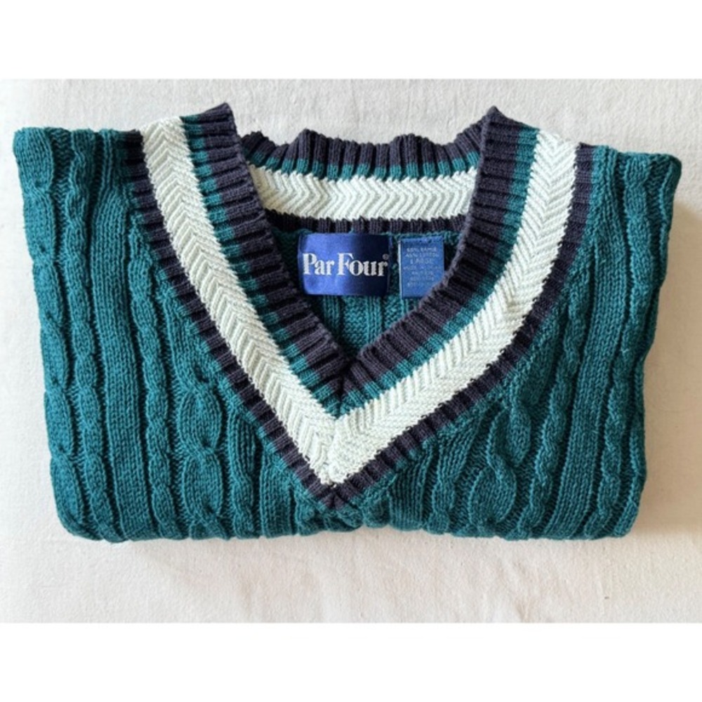 VTG‎ Par Four Cable Knit Cricket Sweater Vest Teal Trim Ramie Cotton